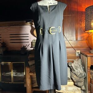 ELLEN TRACY Black Midi Dress w/ Cupped Sleeves, Belt + Hidden Pockets, Size 6